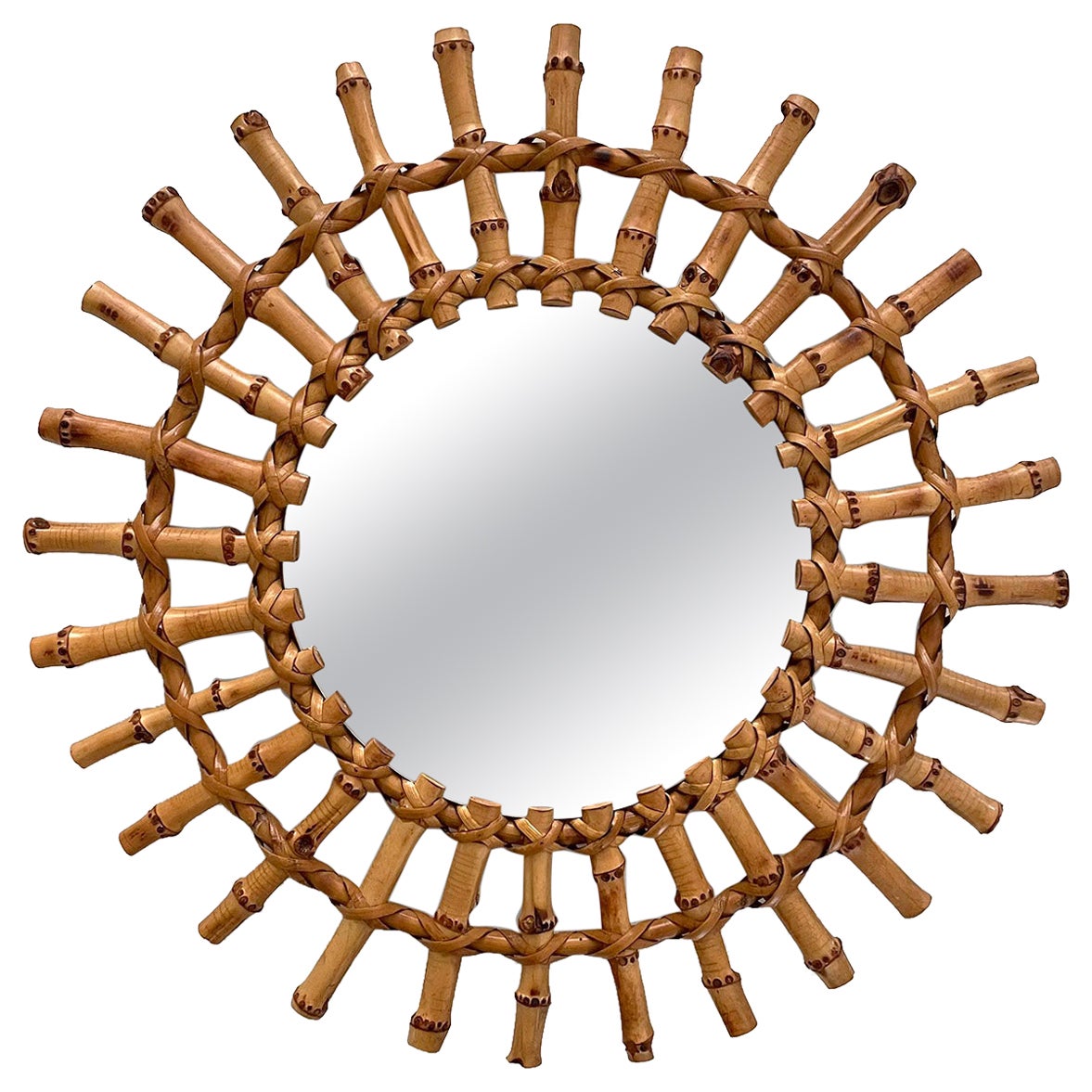 French Midcentury Bamboo Sunburst Wall Mirror