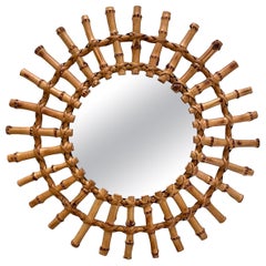 French Midcentury Bamboo Sunburst Wall Mirror