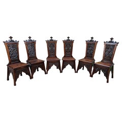 Antique French Chairs Set of 6 Gothic Revival Oak Pegged Dining Side Chairs 19C