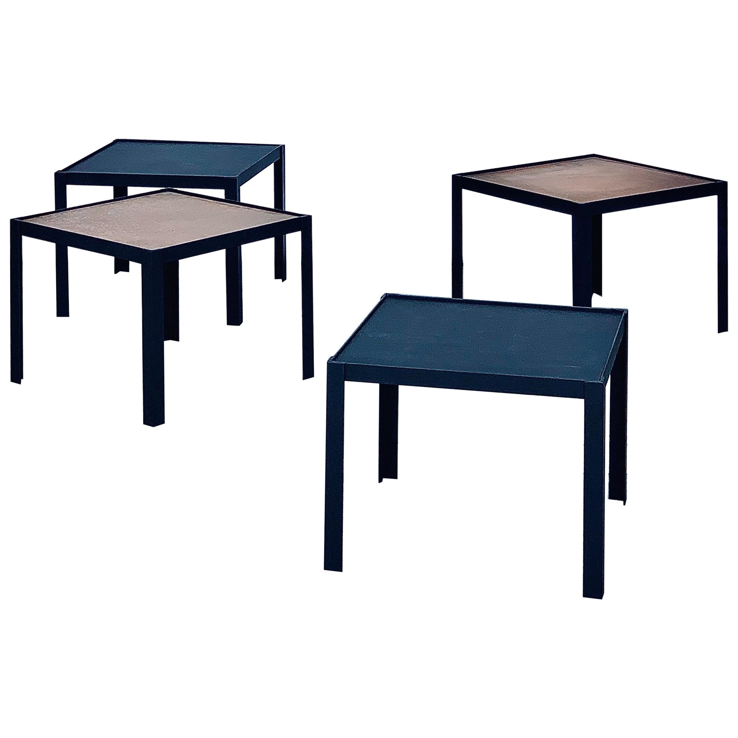 4 'Pion' Black Leather and Patinated Brass Occasional Tables by Design Frères