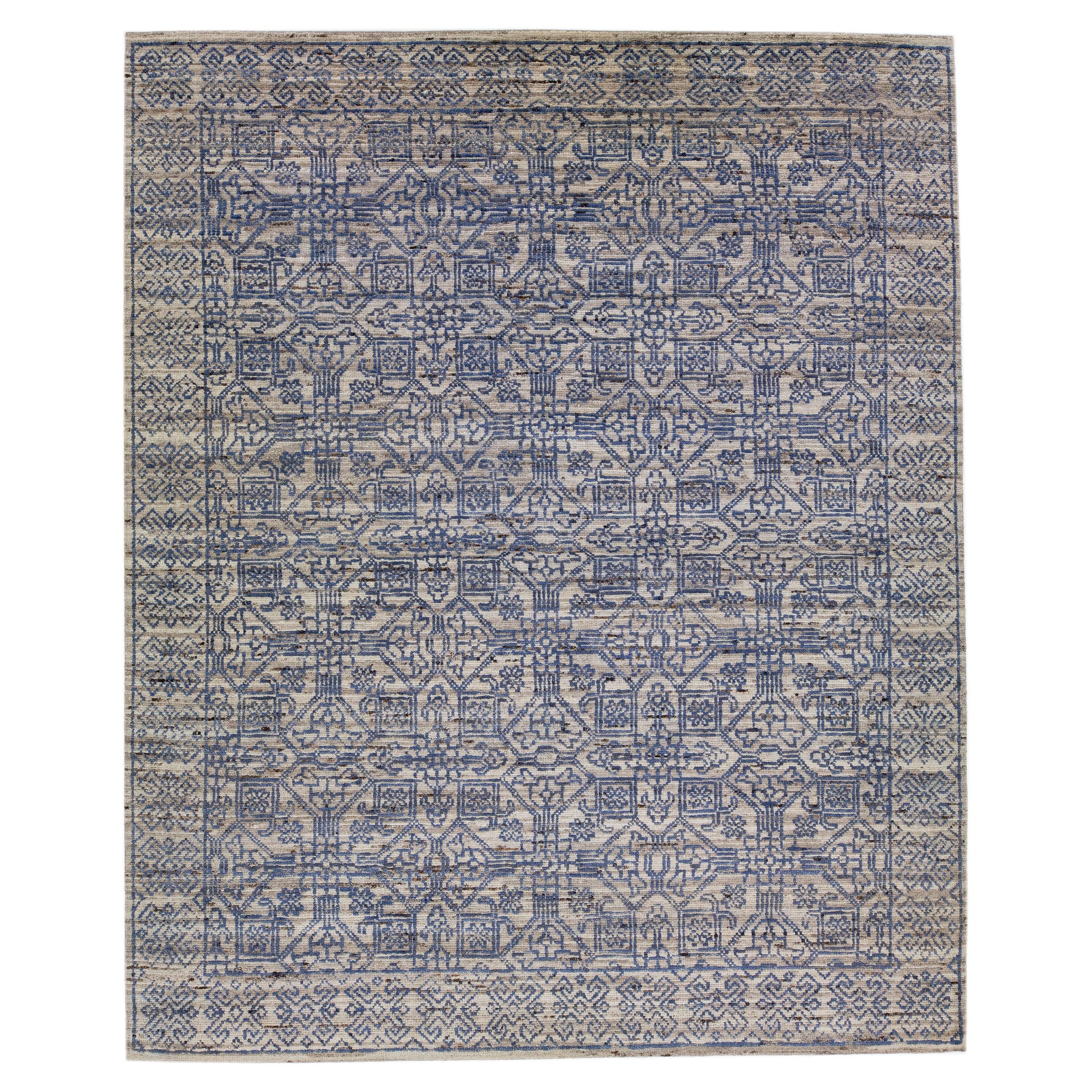 Apadana's Indian Handmade Grey Geometric Wool Rug