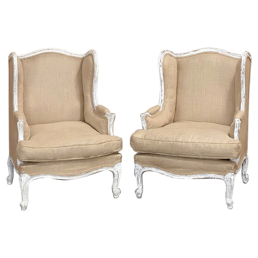 Pair Antique French Louis XV Painted Wingback Armchairs ~ Bergeres
