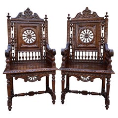 Antique French Pair Armchairs Breton Desk Fireside or Throne Chairs, C. 1890