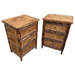 Pair of Burnt Bamboo Three Drawer Nightstands