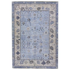 Apadana's Artisan Collection Light Blue Handmade Floral Indian Wool Rug