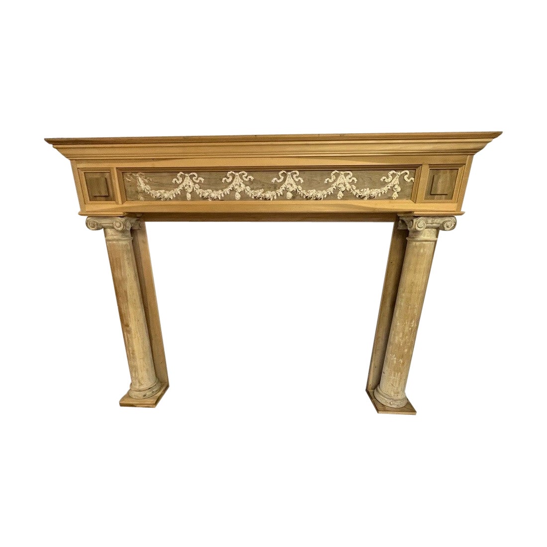 Vintage Wood Fireplace Mantel with Antique Carvings and Columns with Capitals For Sale