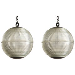 Pair of Oversize French Molded Glass Pendant Lights