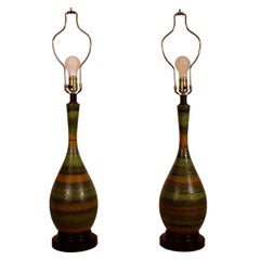 Vintage Pair of Mid-Century Modern Green Striped Ceramic Lamps