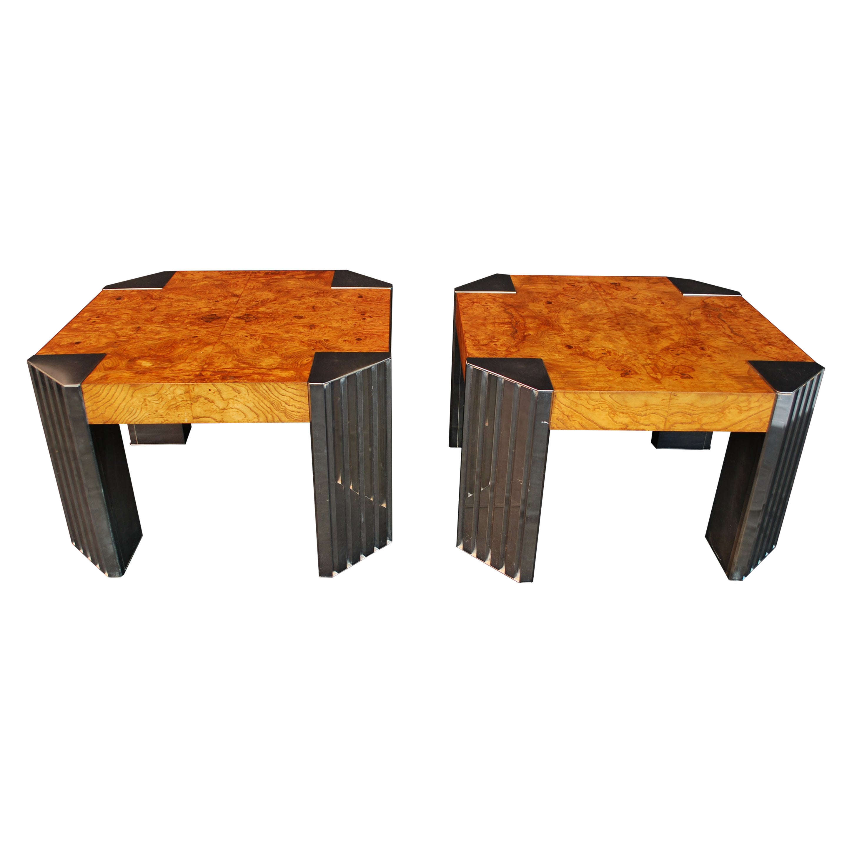 Sexy pair of skysside tables in the style of MIlo Baughman with burl walnut wood For Sale
