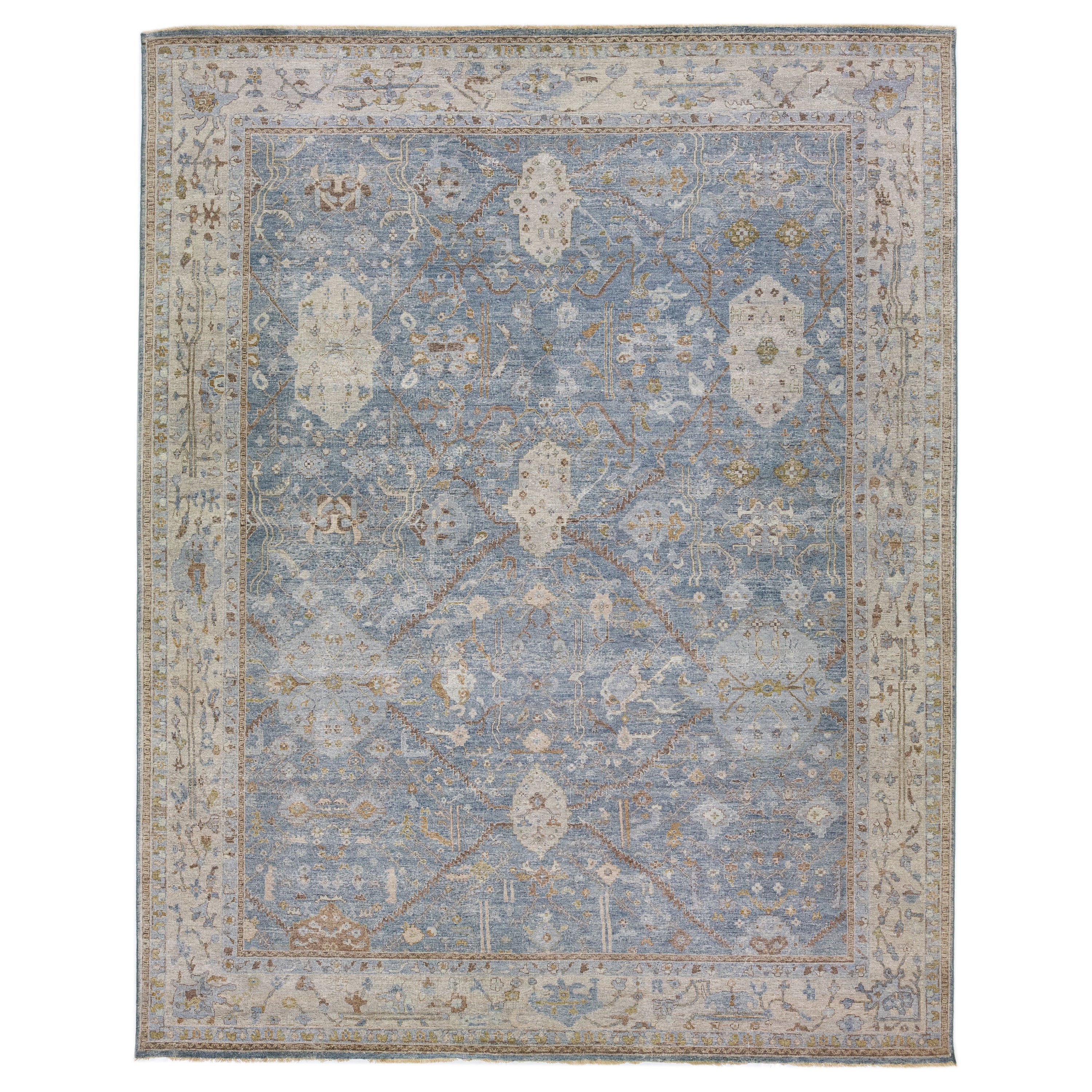 Apadana's Persian Tabriz Style Handmade Floral Blue Wool Rug For Sale