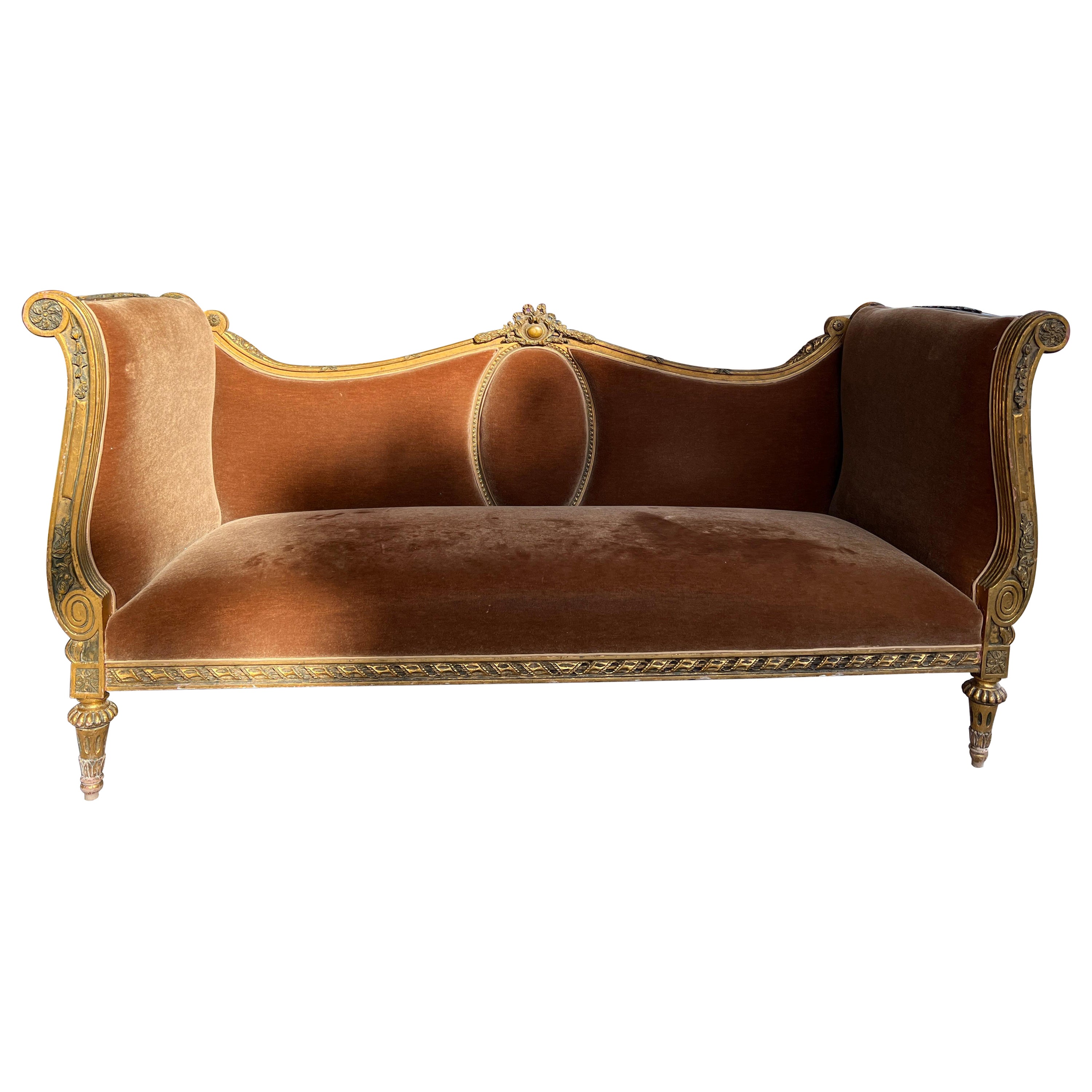 1950s Gilt French Couch in Mohair For Sale