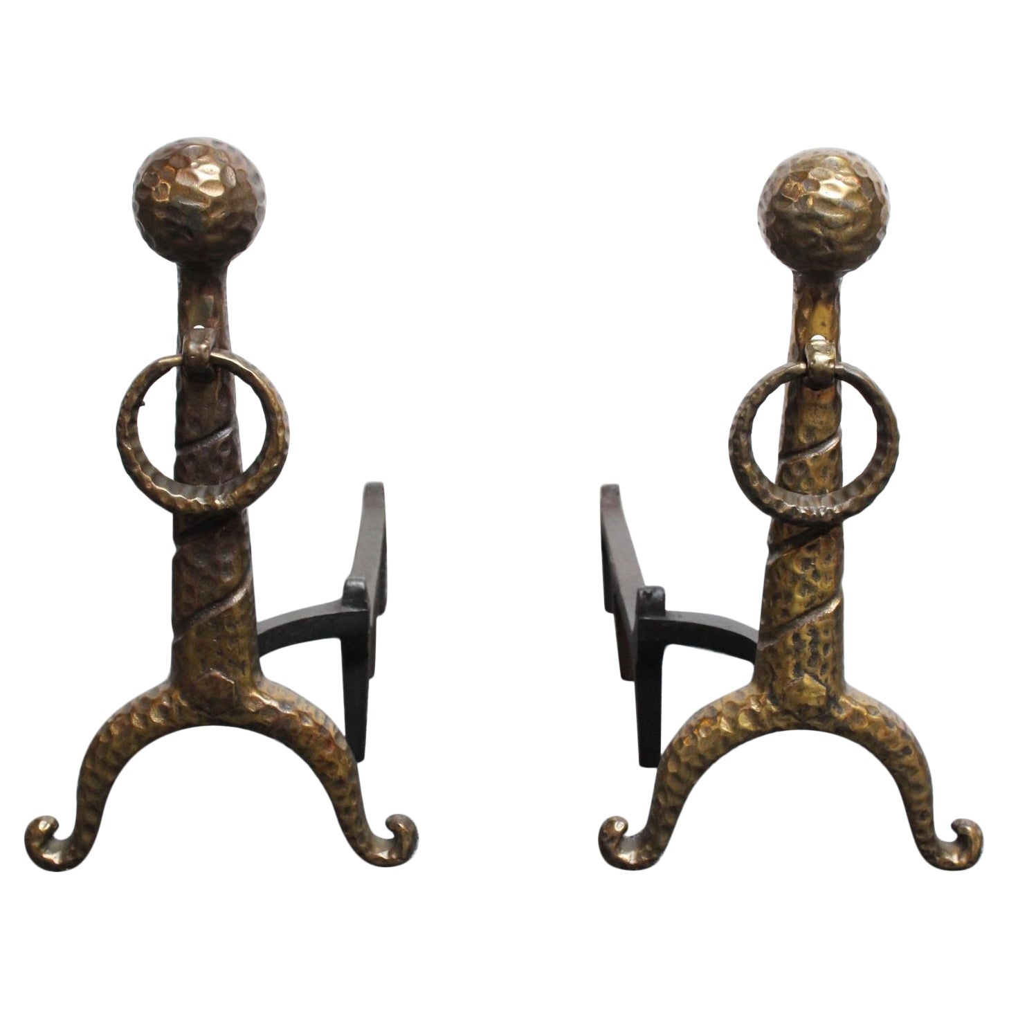 Pair of Arts and Crafts Hammered Cast-Metal Andirons