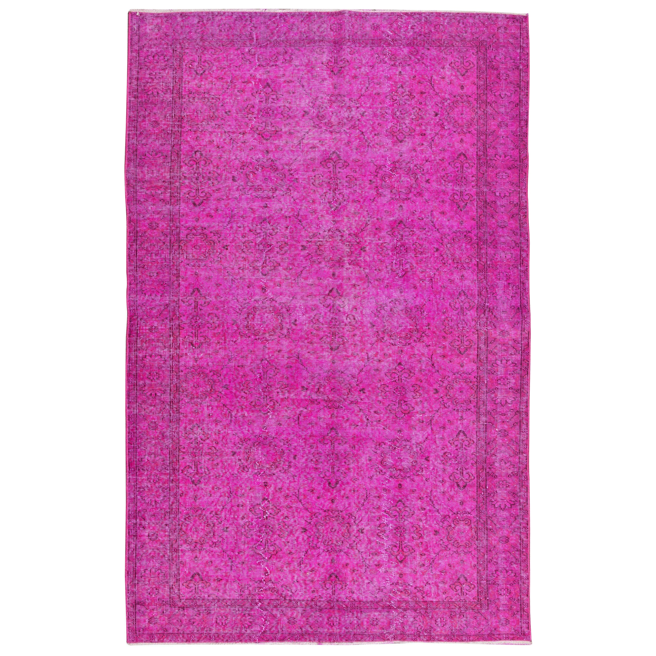 5.6x9 Ft Vintage Handmade Turkish Rug in Pink, Modern Floral Pattern Wool Carpet For Sale