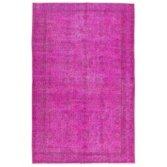 5.6x9 Ft Vintage Handmade Turkish Rug in Pink, Modern Floral Pattern Wool Carpet
