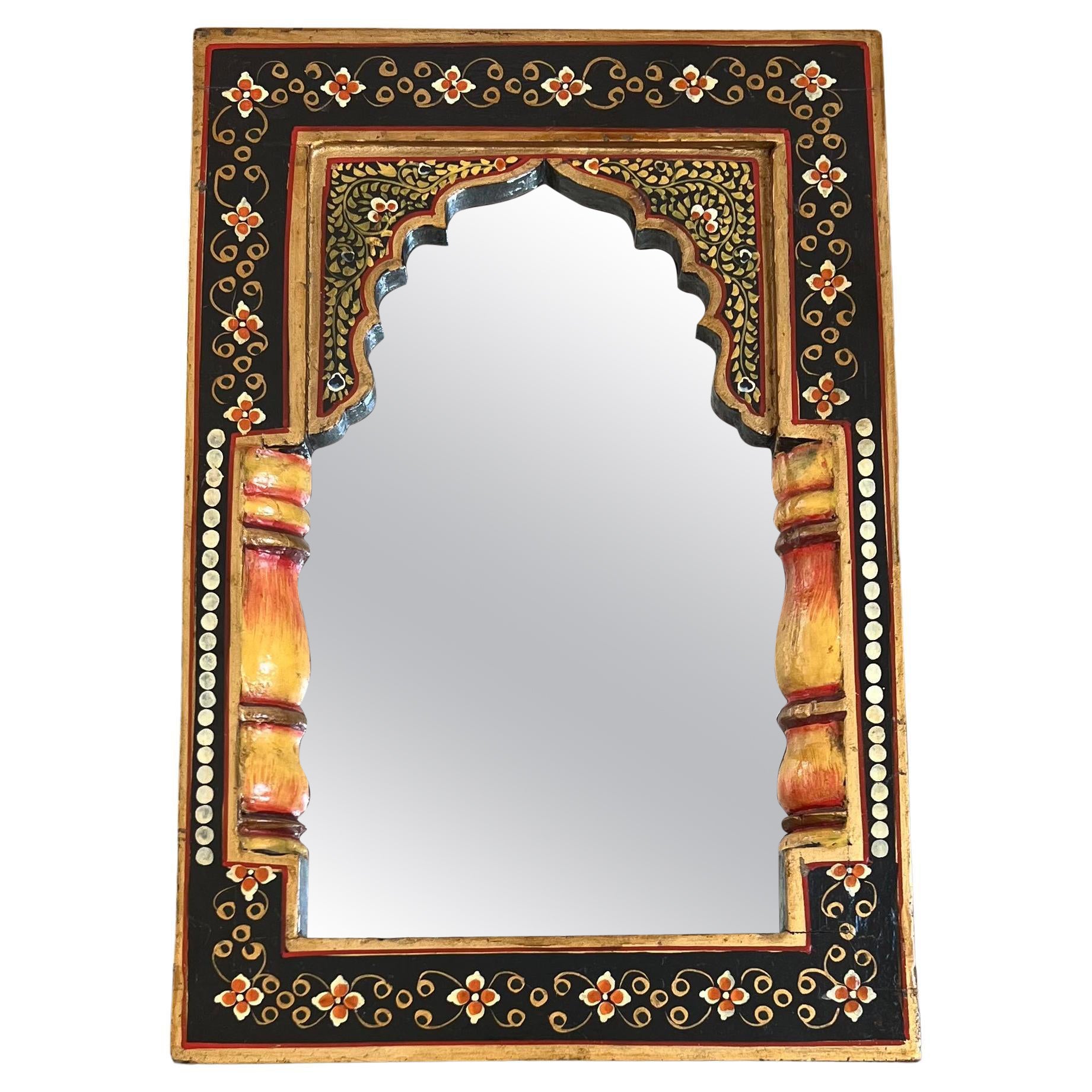 Hand-Painted Indian Archway Mirror, 1940s For Sale