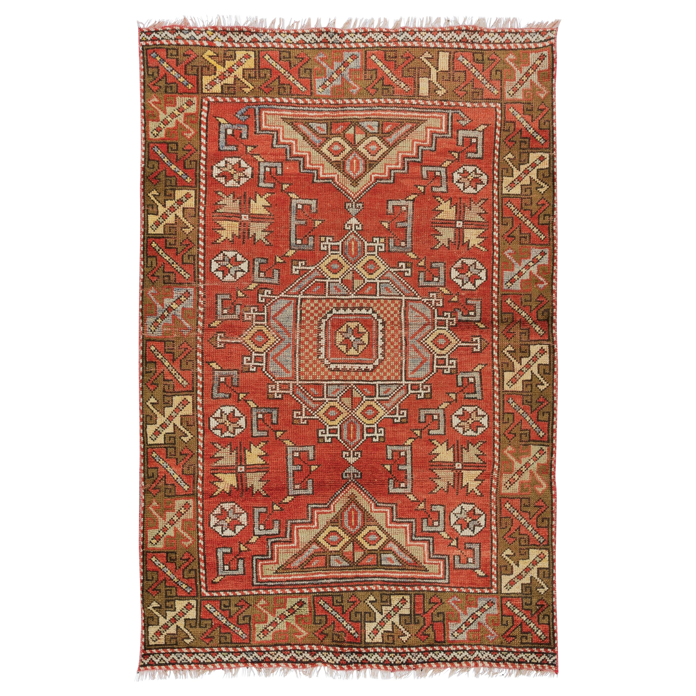 3.8x5.8 Ft Vintage Hand Knotted Geometric Turkish Traditional Accent Rug in Red For Sale
