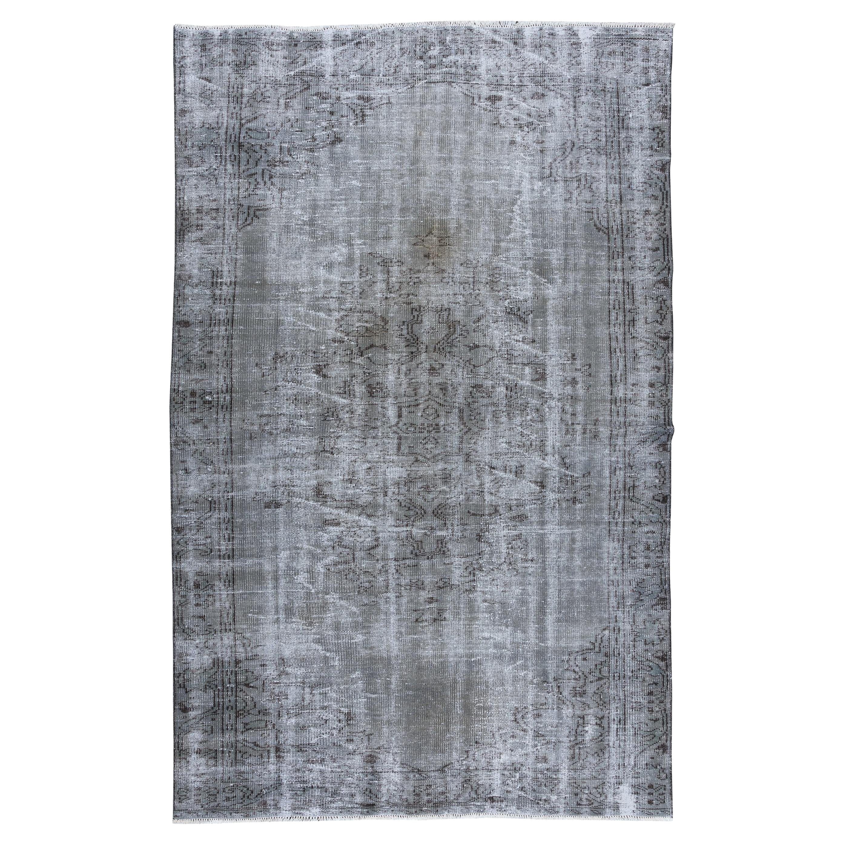 Vintage Rug Re-Dyed in Gray for Modern Interiors, Handmade in Turkey