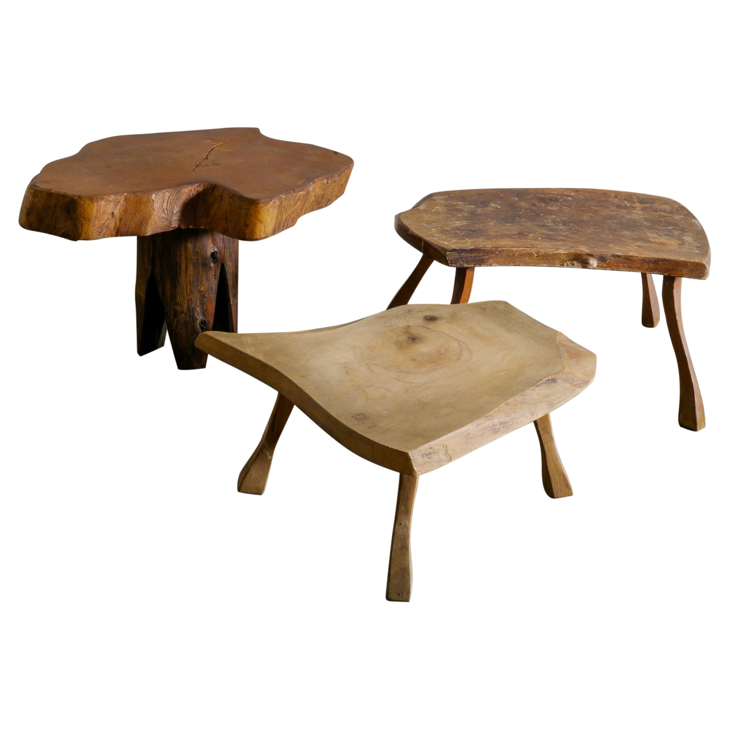 Trio French Wooden Side Sofa Tables in a Wabi Sabi Style Produced in France 1950