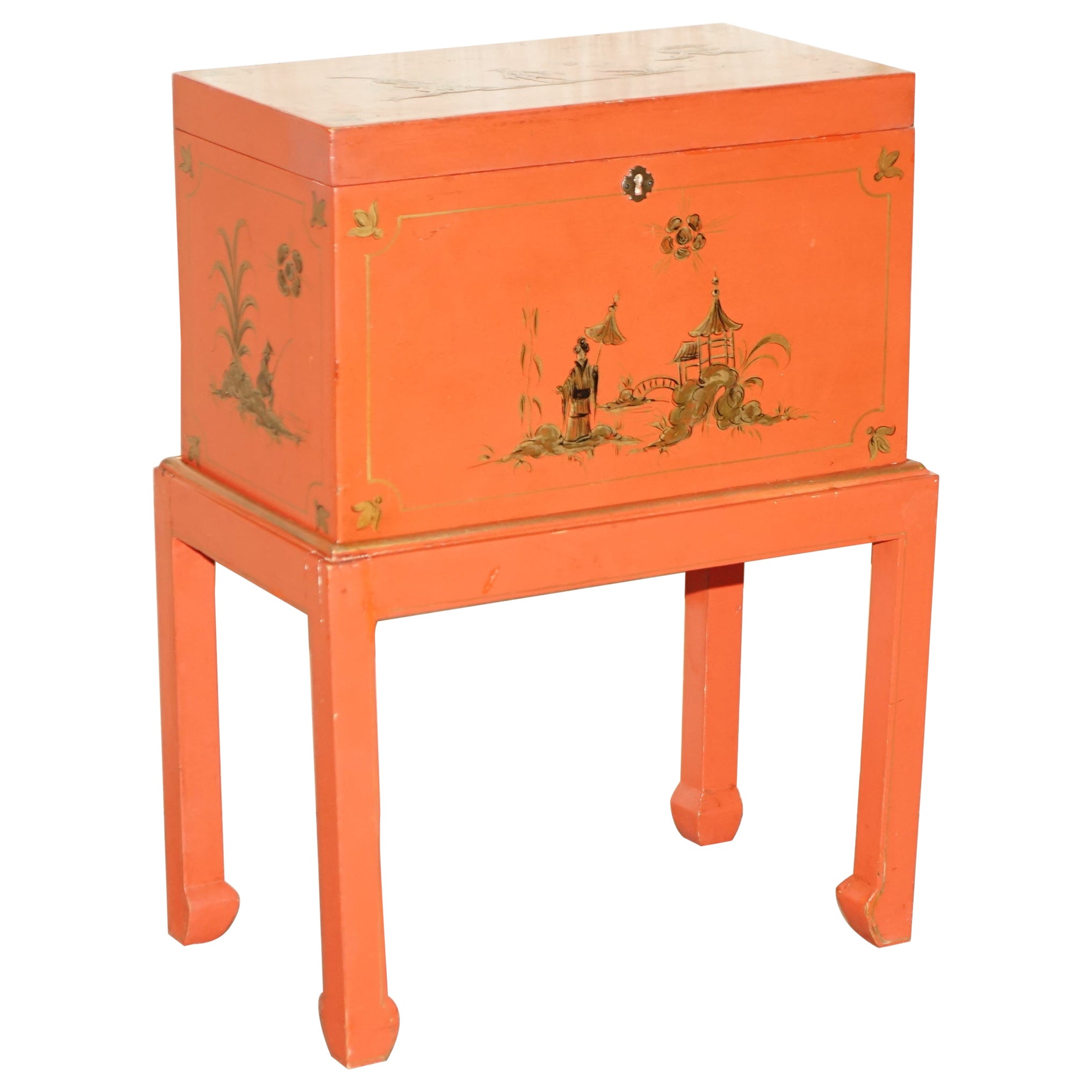 Antique Japanned Oriental Side Table Chest on Stand Hand Painted and Lacquered For Sale