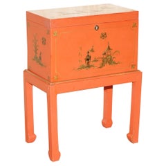 Used Japanned Oriental Side Table Chest on Stand Hand Painted and Lacquered