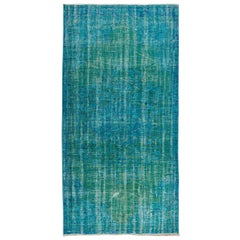4.7x9 Ft Mid-Century Handmade Anatolian Wool Rug Over-Dyed in Teal Blue