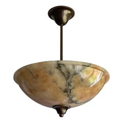 Antique Pure Art Deco Alabaster Flush Mount / Pendant with Bronzed Stem, Finial & Canopy