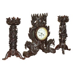 Antique STUNNING CHINESE EXPORT HAND CARVED WOOD DRAGON MANTLE CLOCK & CANDLESTiCKS