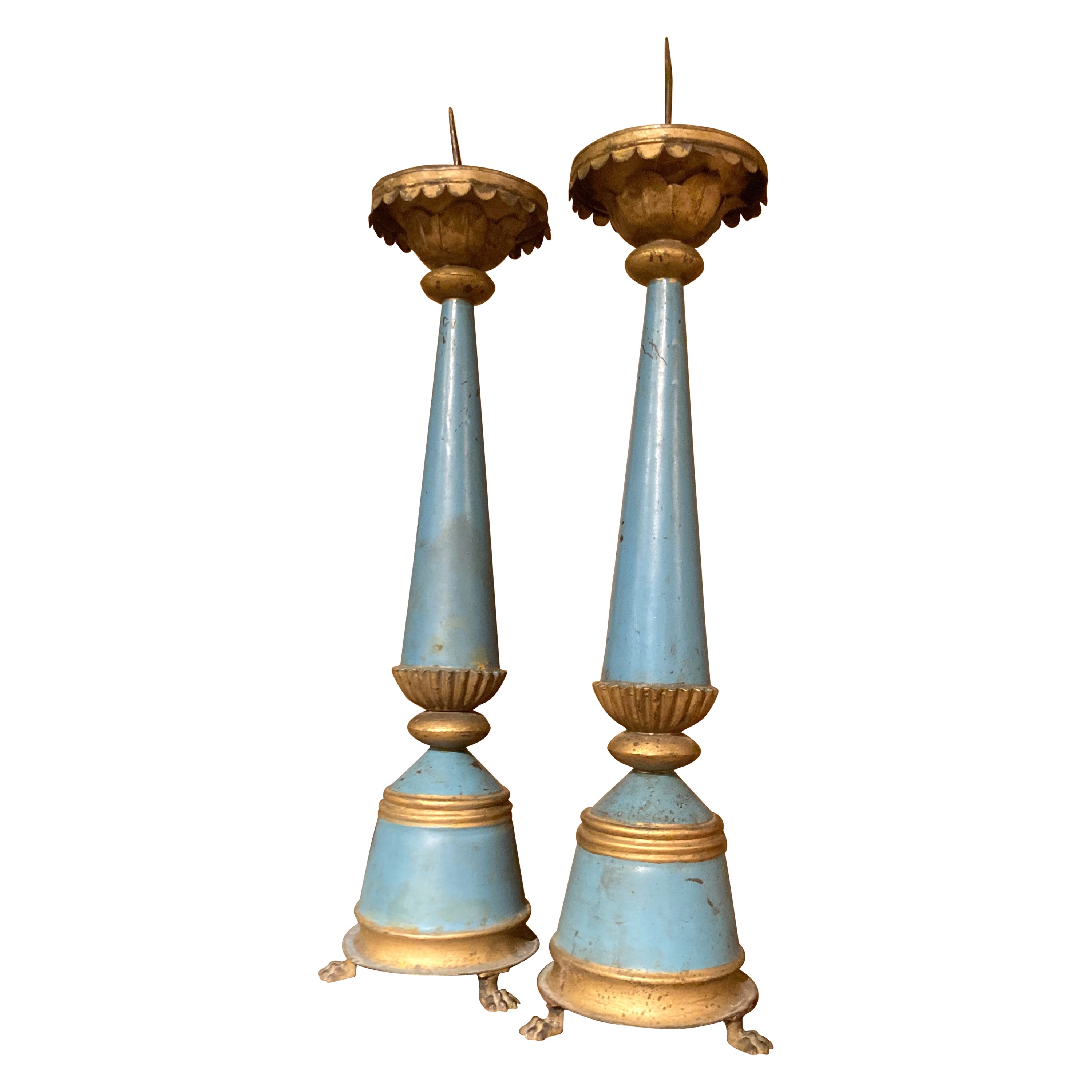 French 19th Century Tall Blue Painted Tole and Parcel Gilt Pricket Candlesticks For Sale