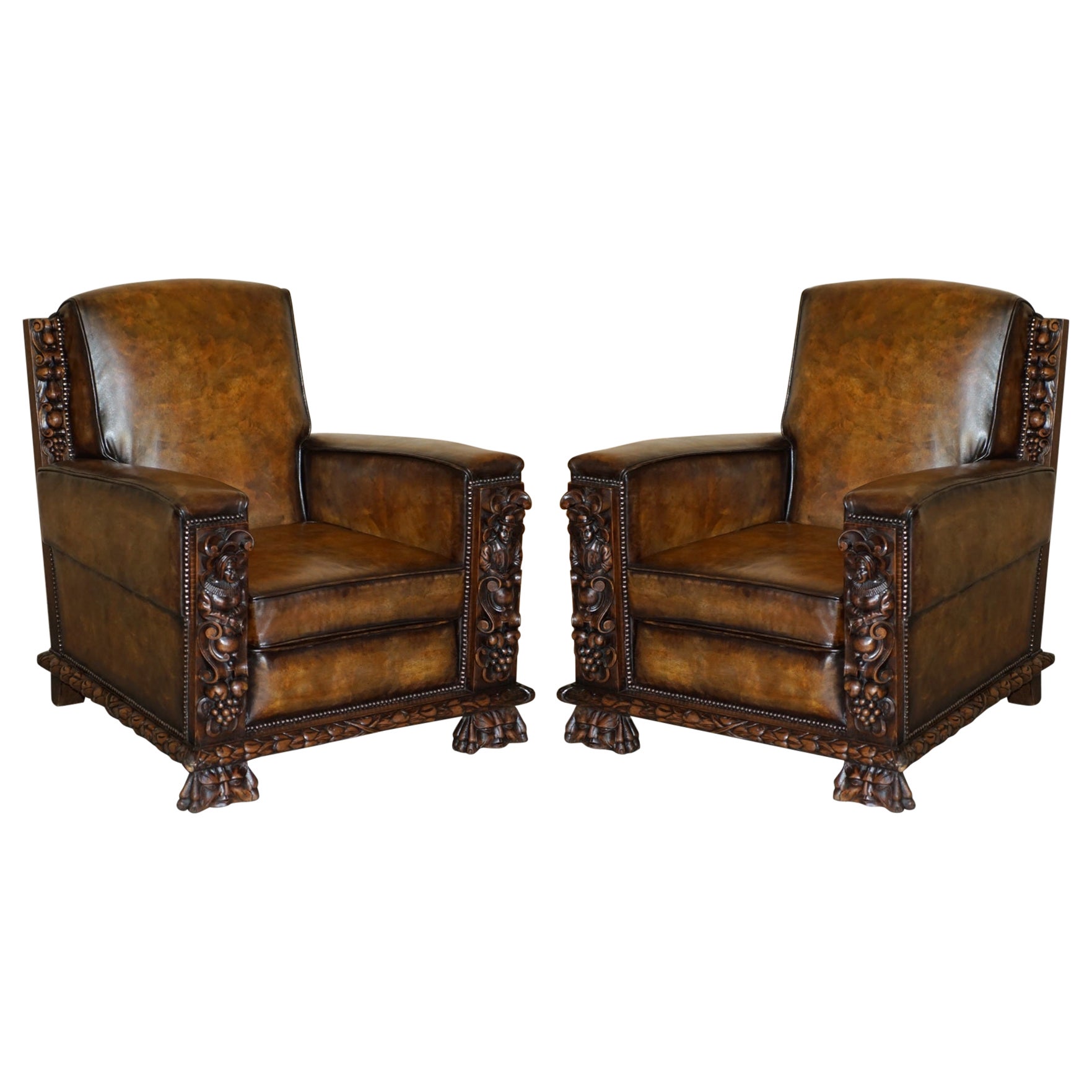 Pair of Fully Restored Antique Club Armchairs with Gothic Carved Panels Must See