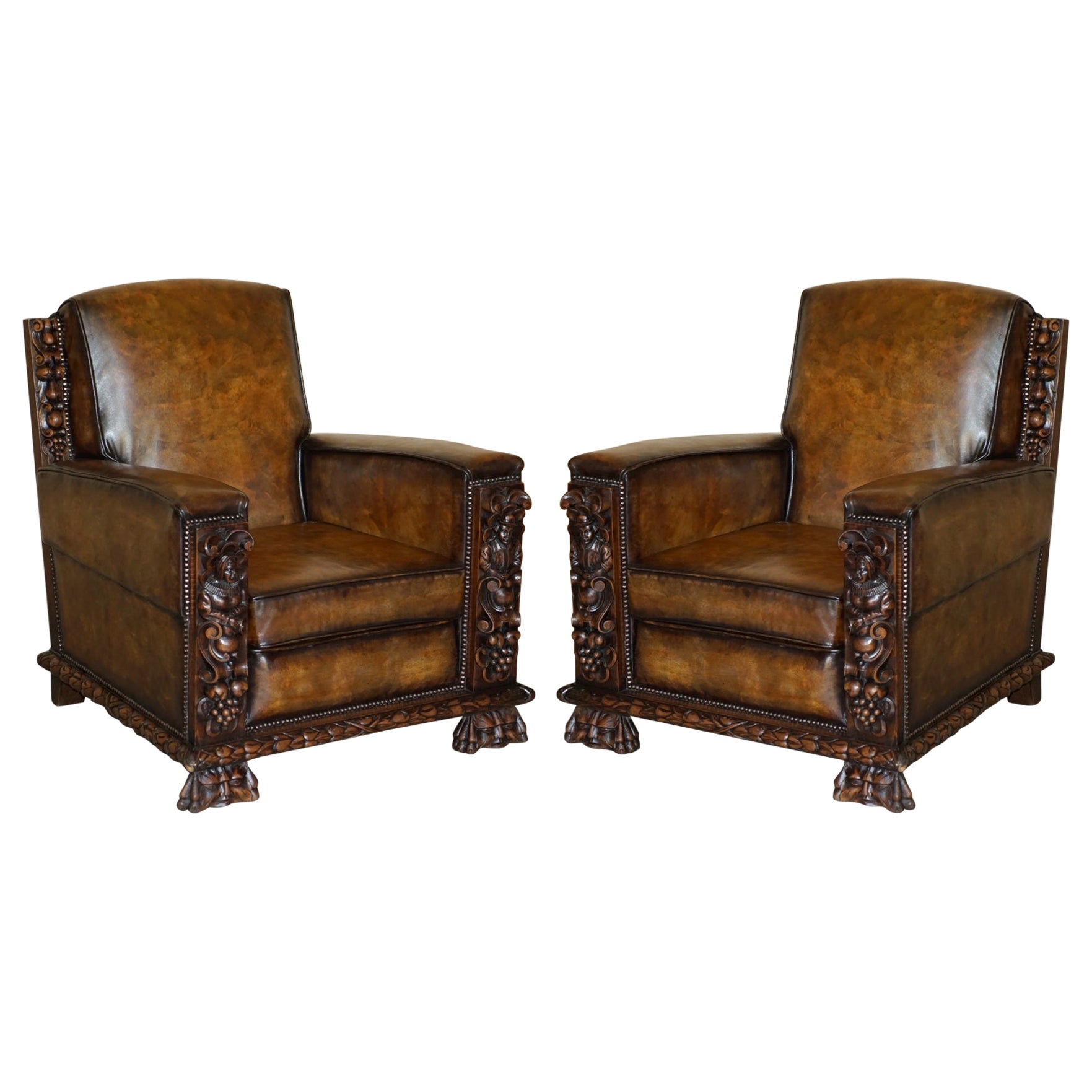 Pair of Fully Restored Antique Club Armchairs with Gothic Carved Panels Must See For Sale