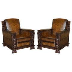 Pair of Fully Restored Antique Club Armchairs with Gothic Carved Panels Must See