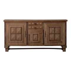 Vintage Bleached Solid Oak Credenza with Graphic Details, France, 1940s