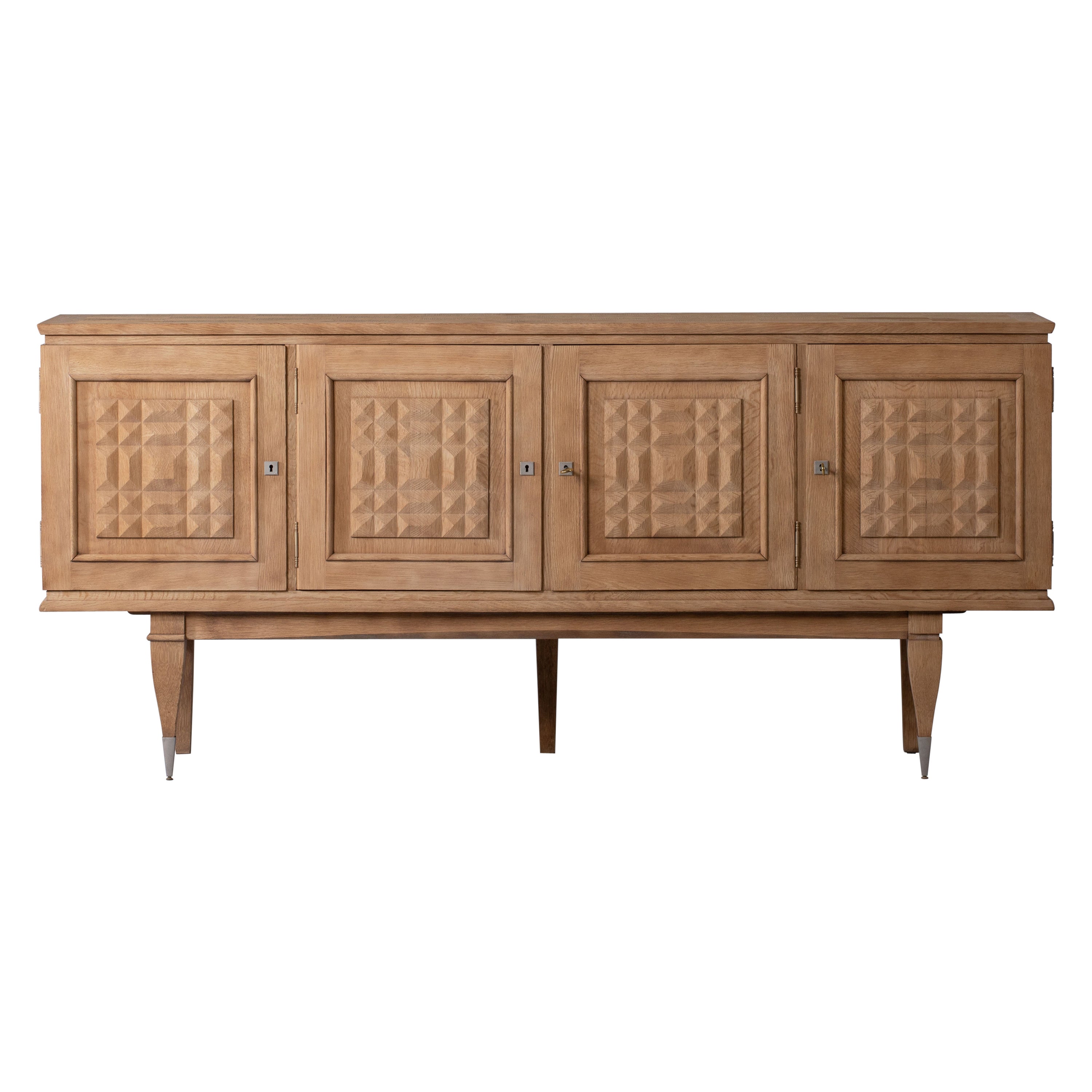 Bleached Solid Oak Credenza with Diamonds Details, France, 1940s