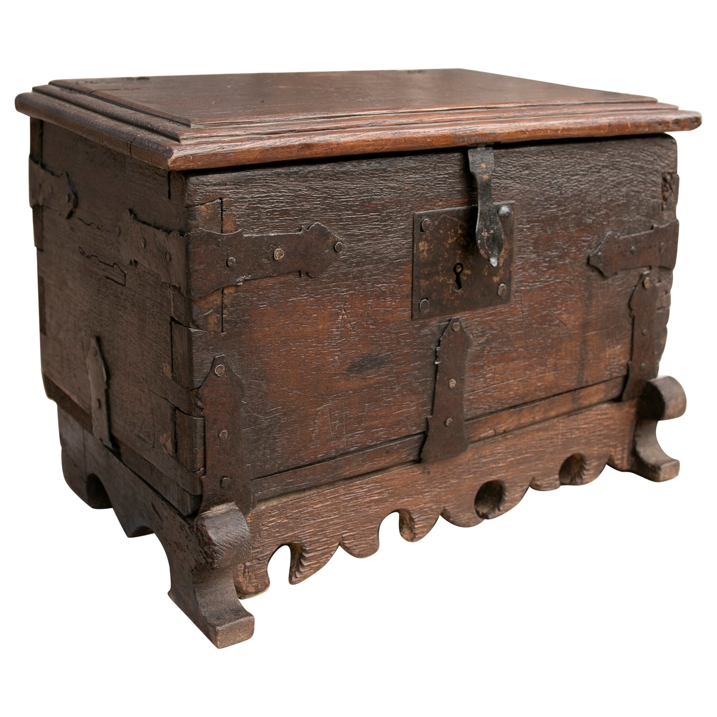 Spanish Wooden Chest with Original Iron Fittings For Sale