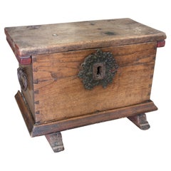 Antique Spanish Wooden Chest with Original Iron Fittings