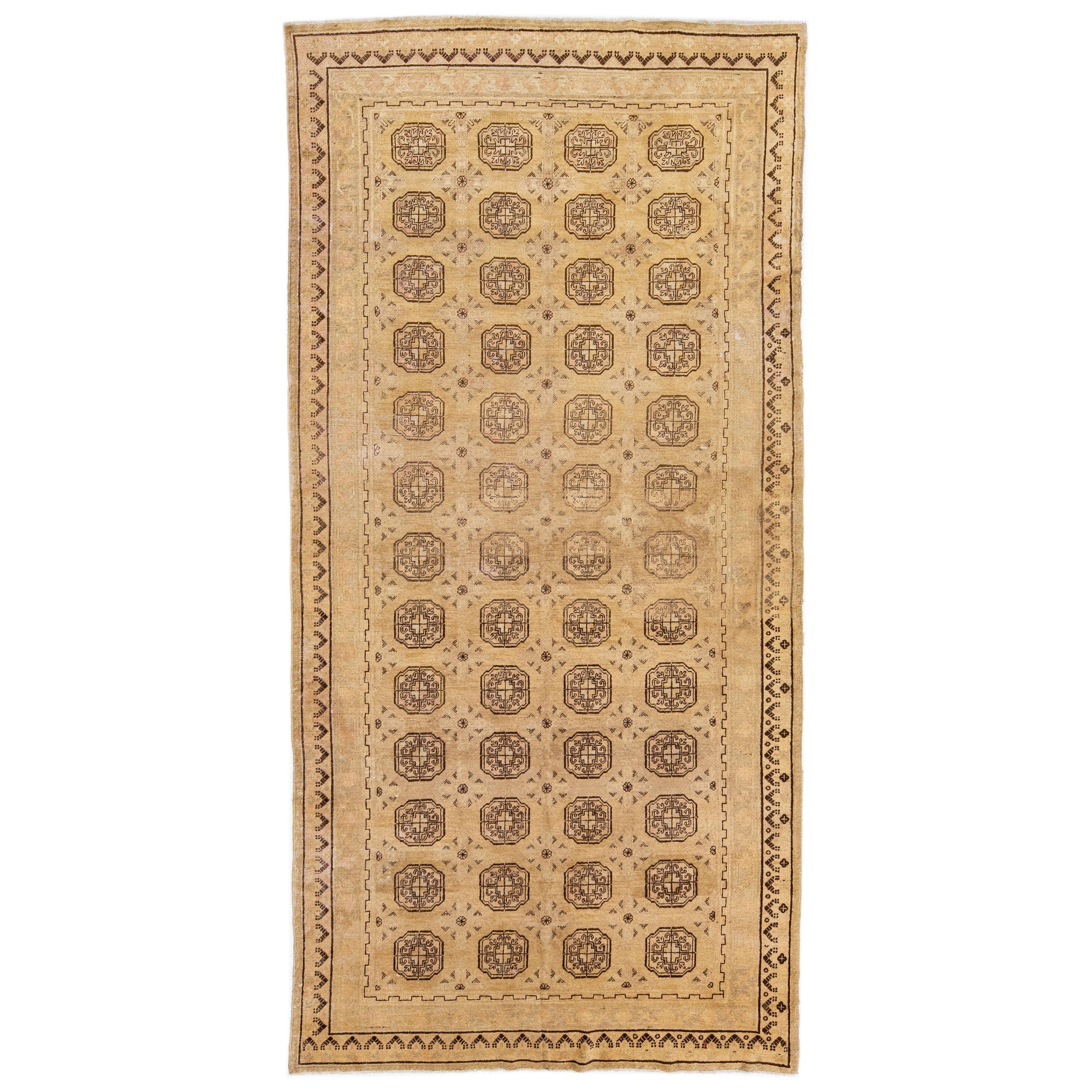 Antique Khotan Tan Handmade Geometric Pattern Wool Rug For Sale