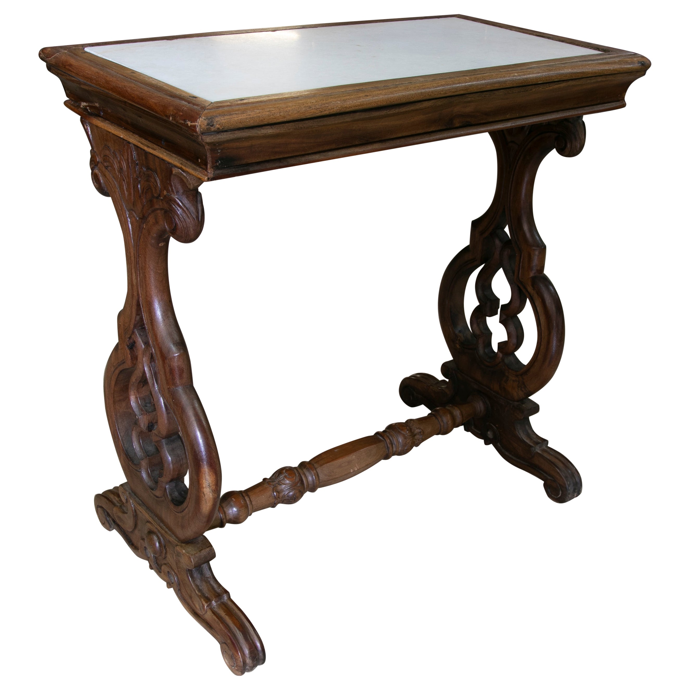 Handcarved Wooden Table with Inlaid Marble Top