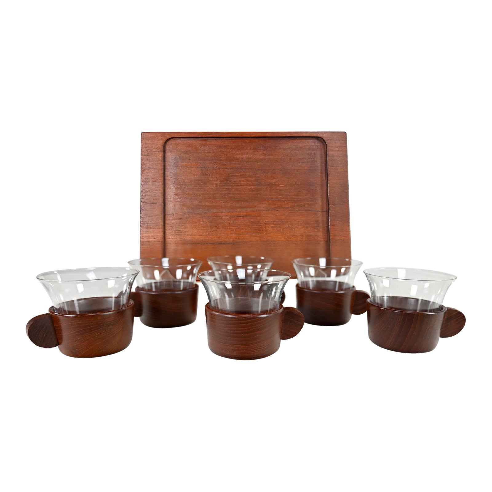 Vintage Mid-Century Modern Galatix Hand Made Burma Teak Tea Service Set 6 & Tray For Sale