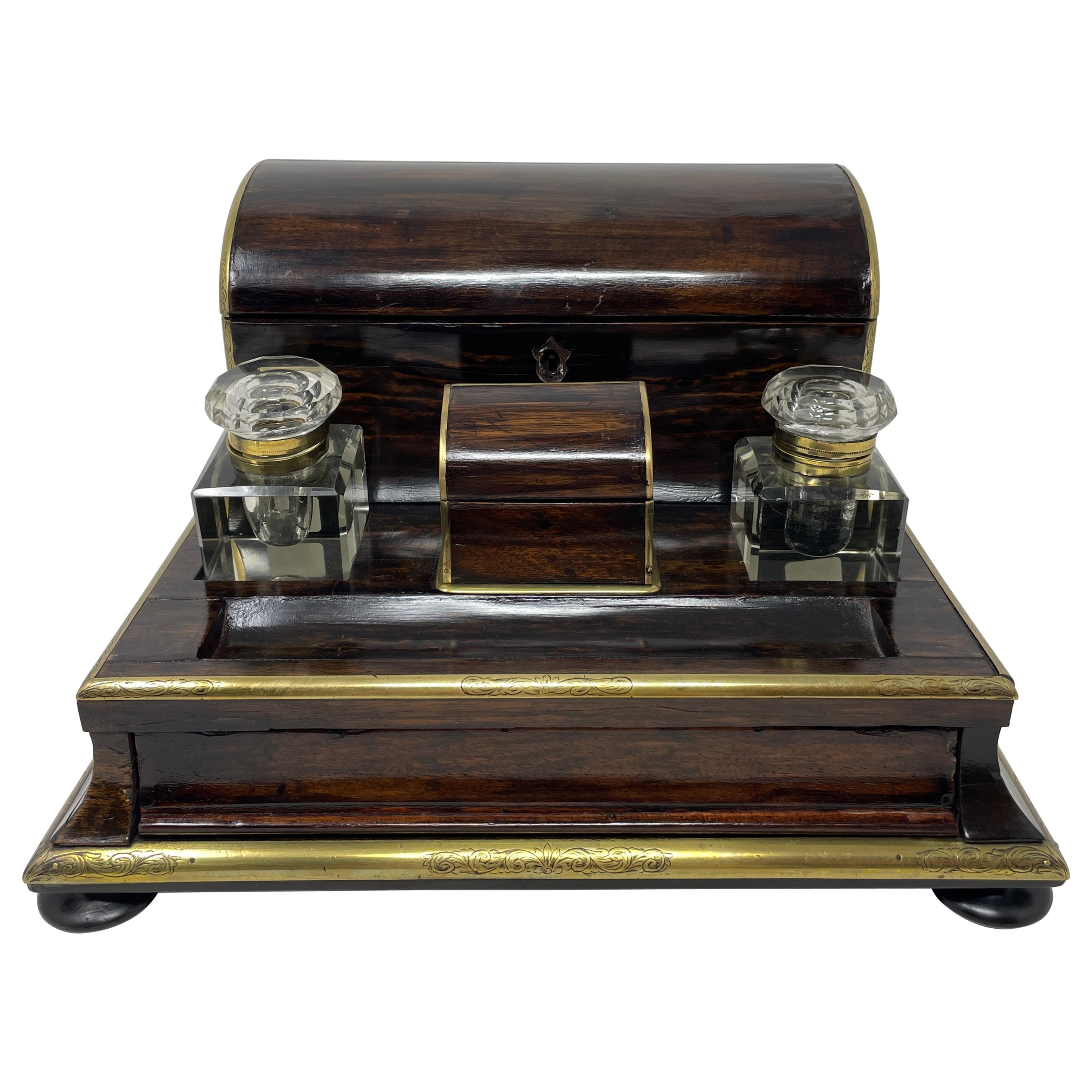 Antique English Coromandel Wood Letter Box, Stamp Box, and Inkwell, Circa 1890