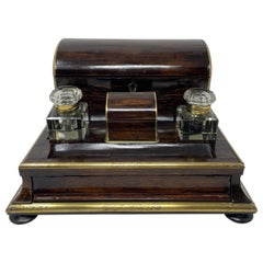 Antique English Coromandel Wood Letter Box, Stamp Box, and Inkwell, Circa 1890