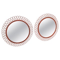 Pair, French Round Wrought Iron Wall Mirror Art Deco Style Red Distressed Look