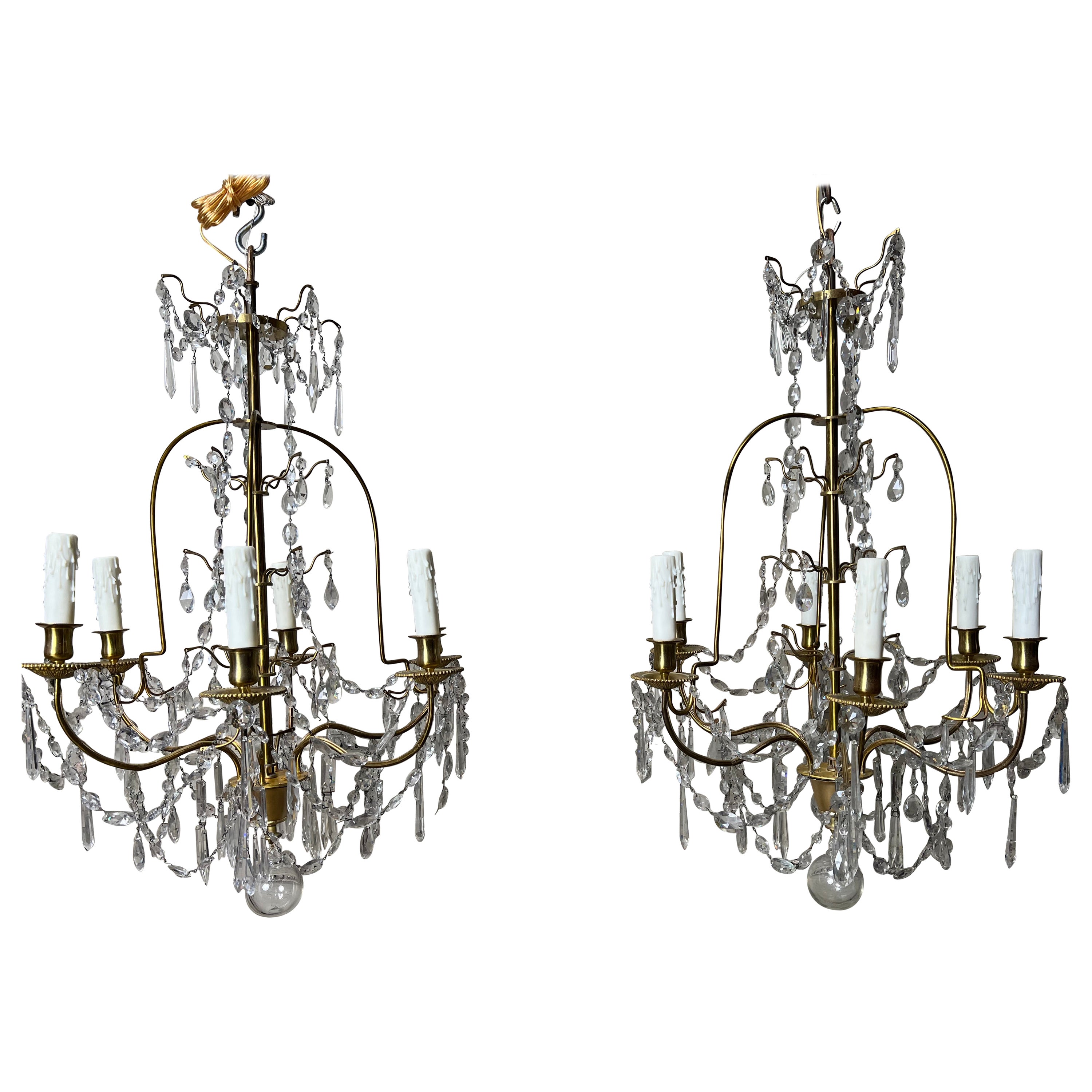 Pair of French Brass and Crystal Chandeliers For Sale