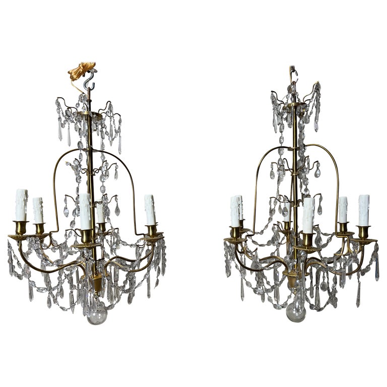 Pair of French Brass and Crystal Chandeliers For Sale at 1stDibs