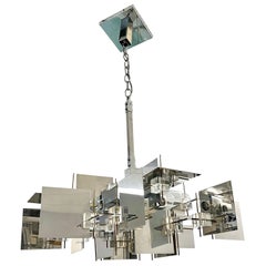 Sciolari Iconic Cubist Polished Stainless Steel Brass and Lucite Chandelier