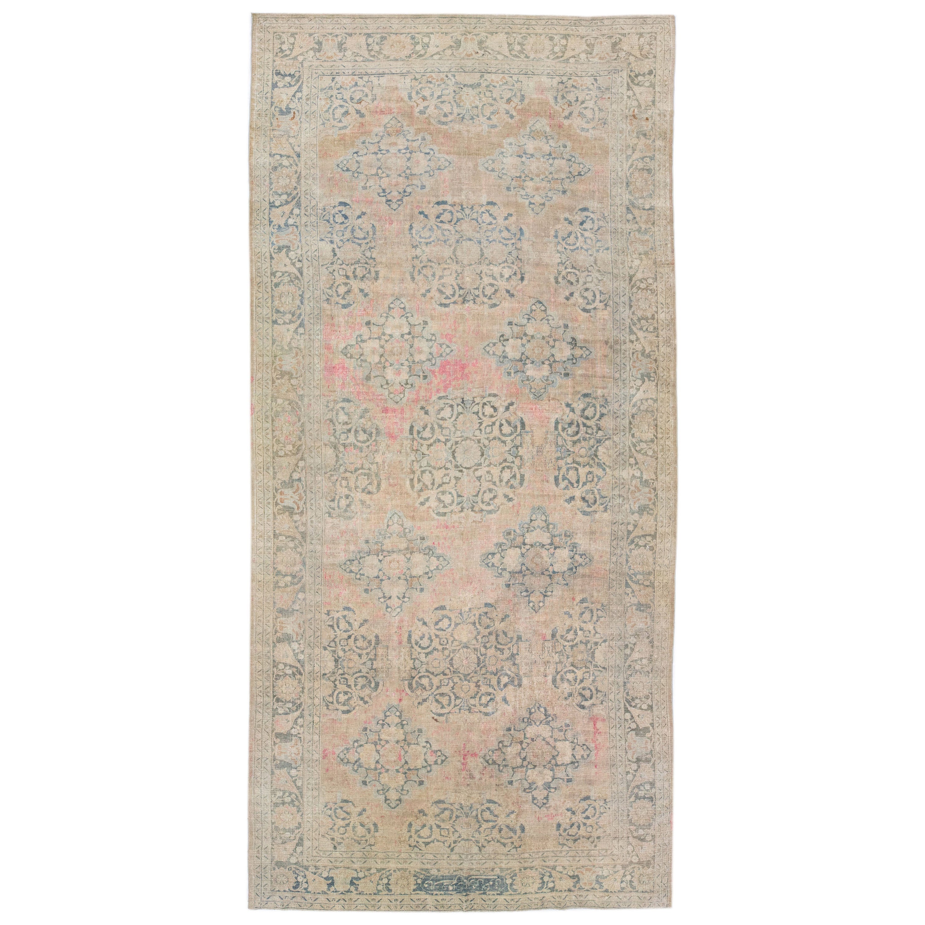 Antique Persian Doroksh Handmade Beige & Pink Wool Rug with Floral Pattern For Sale