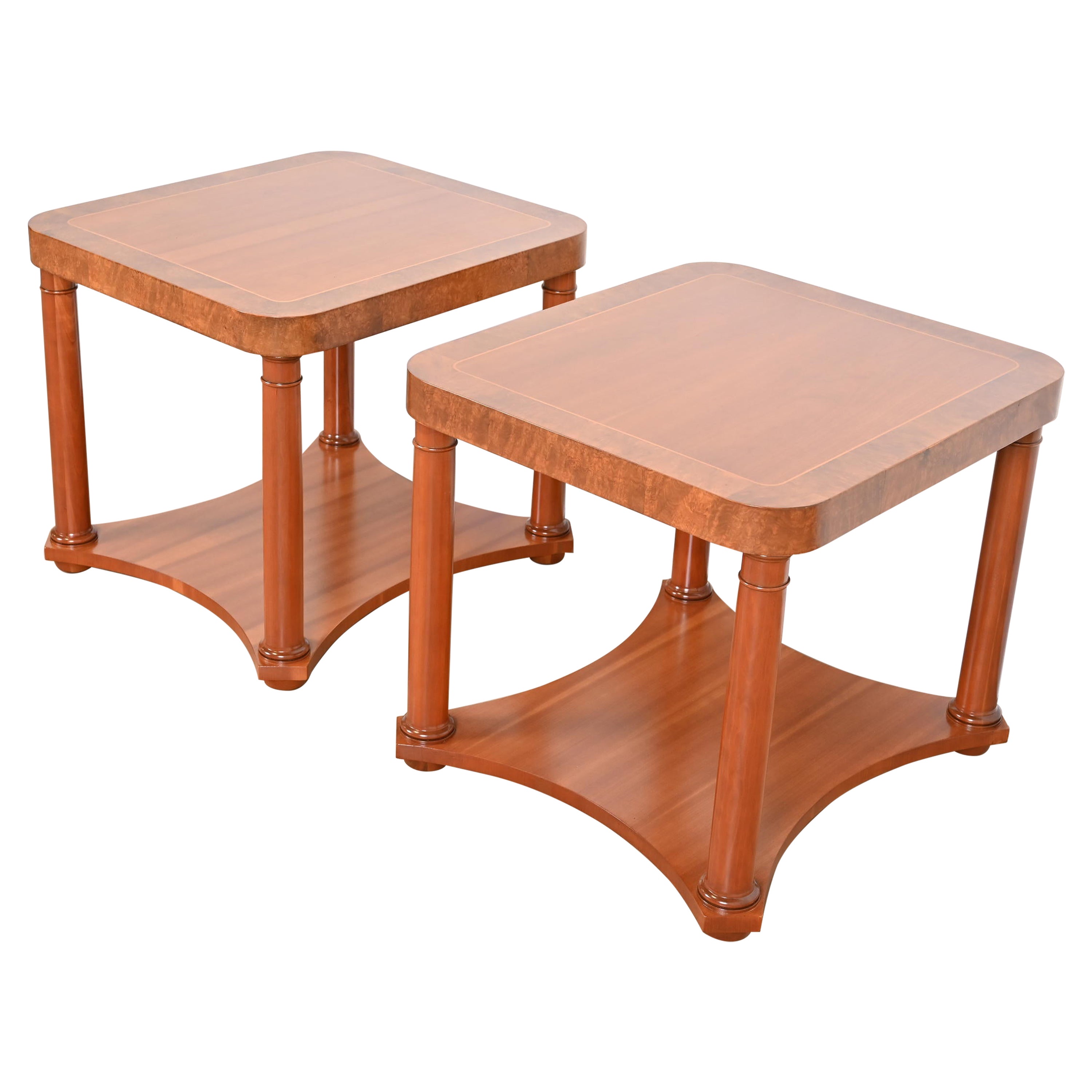 Baker Furniture French Empire Cherry and Burl Side Tables, Newly Refinished