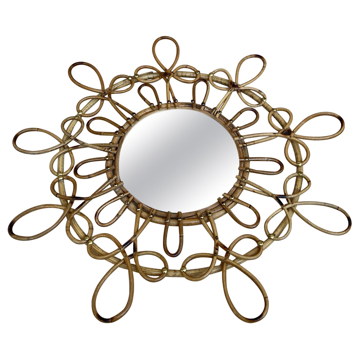 Mid-Century Mediterranean Rattan Flower Burst Mirror, 1960s For Sale