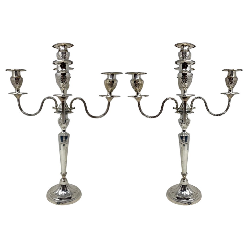 Pair Antique English Edwardian 5-Light Silver-Plated Candelabra, Circa 1900-1910