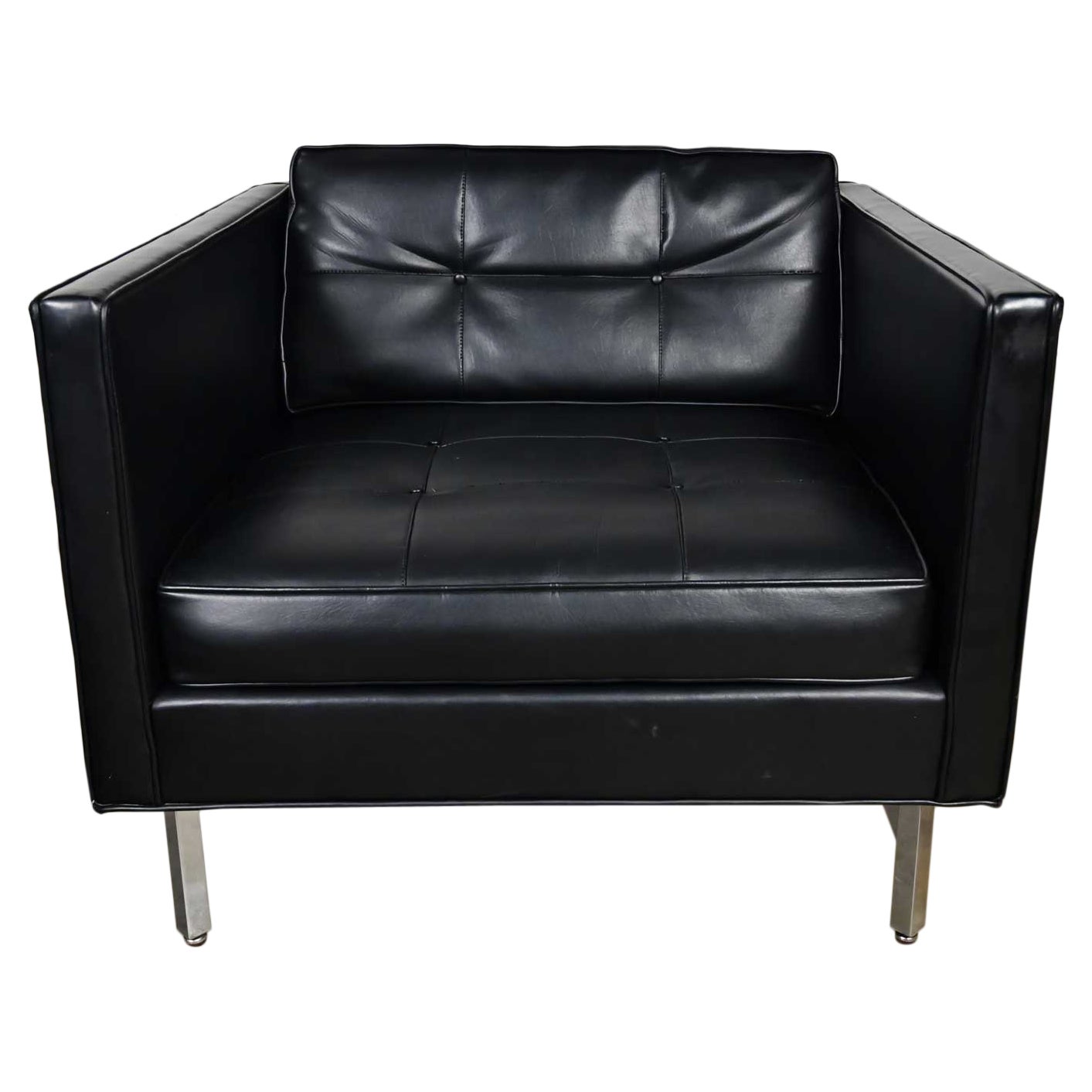 Modern Maurice Villency Black Vinyl Faux Leather Button Back Cube Club Chair For Sale