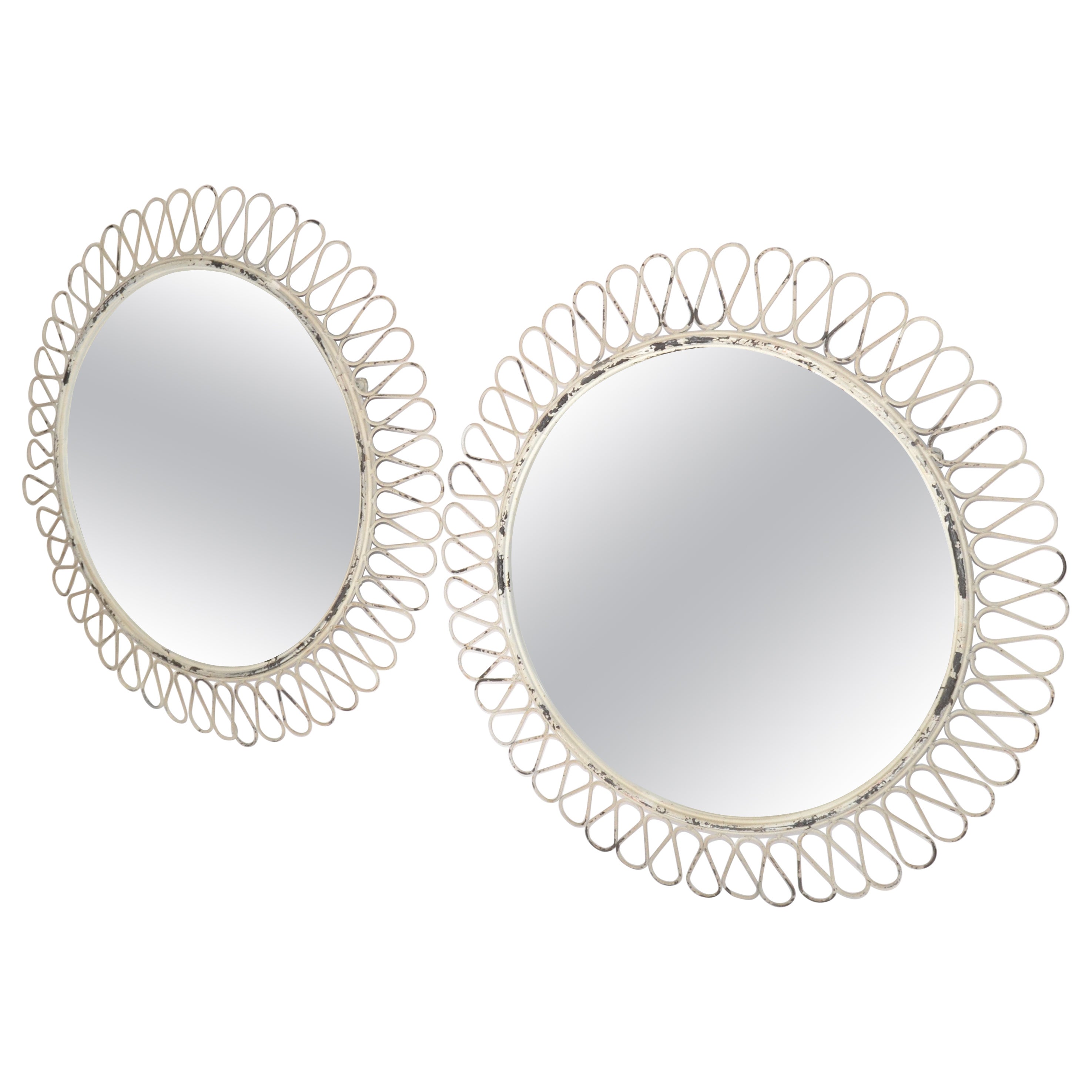 Pair, French Round Wrought Iron Wall Mirror Art Deco Style White Distressed Look For Sale